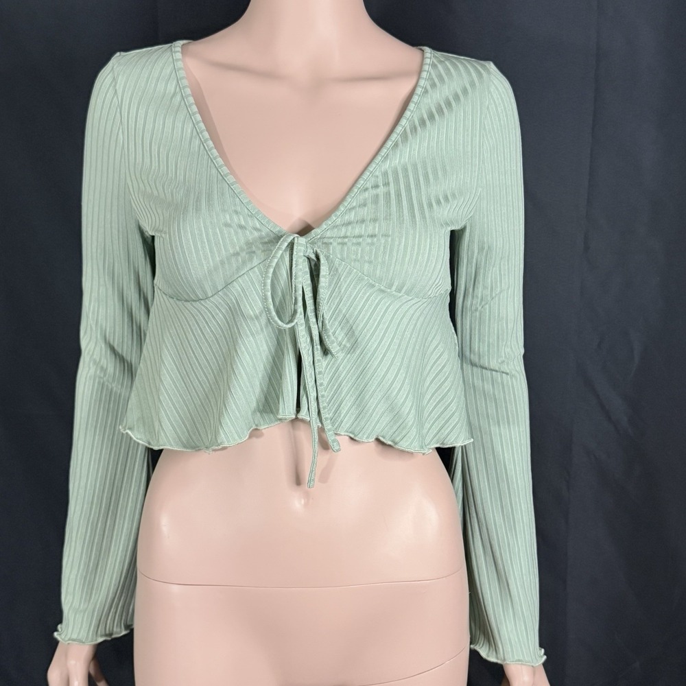 Shein Solid Flounce Sleeve Tie Front Ribbed Knit Top In Sage Green Sz Small (4)